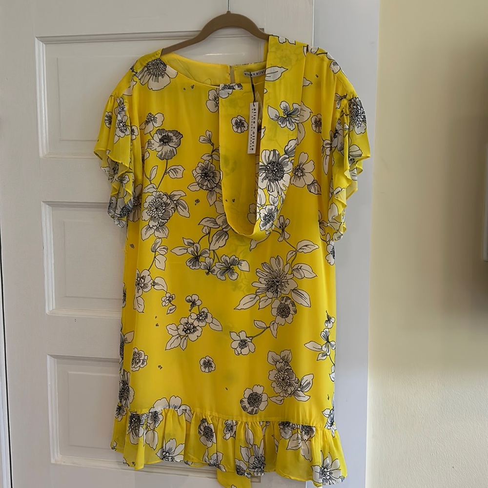 alice + olivia begonia citrus lined dress with silk tie.